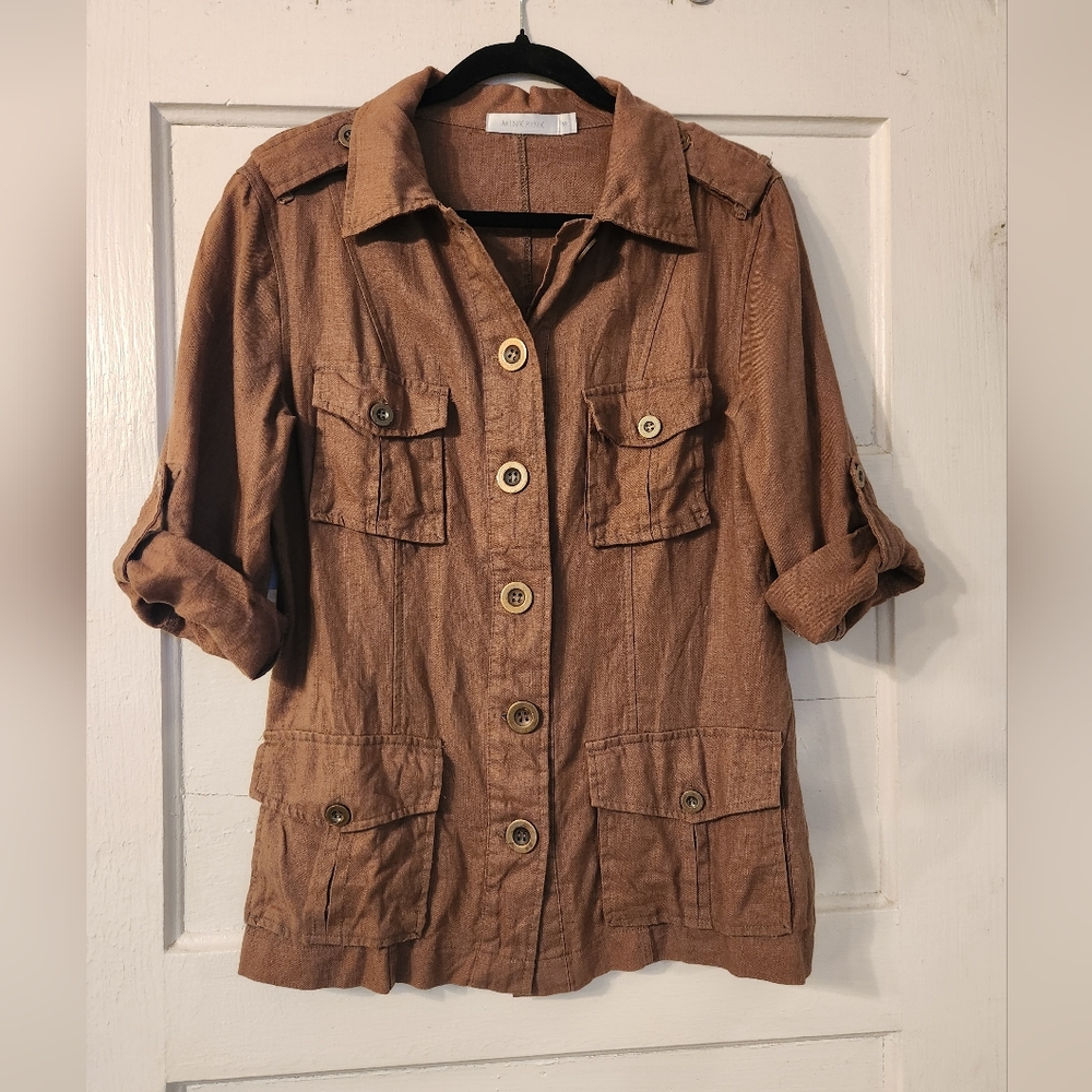 Minkpink Revolve Brown Green Shirt, Cotton, Button Down Utility, Cargo EUC Sz S